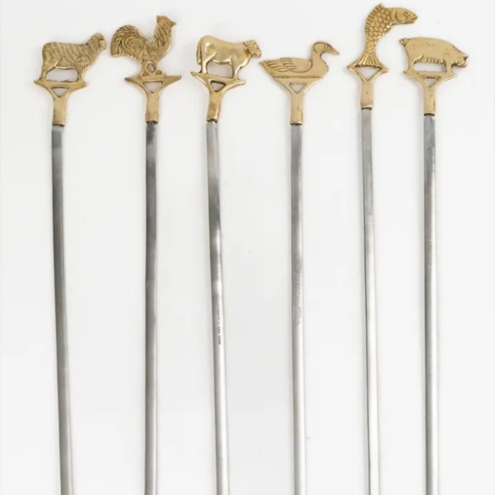 Vintage metal barbecue skewers made in Turkey mid-century brass stainless steel